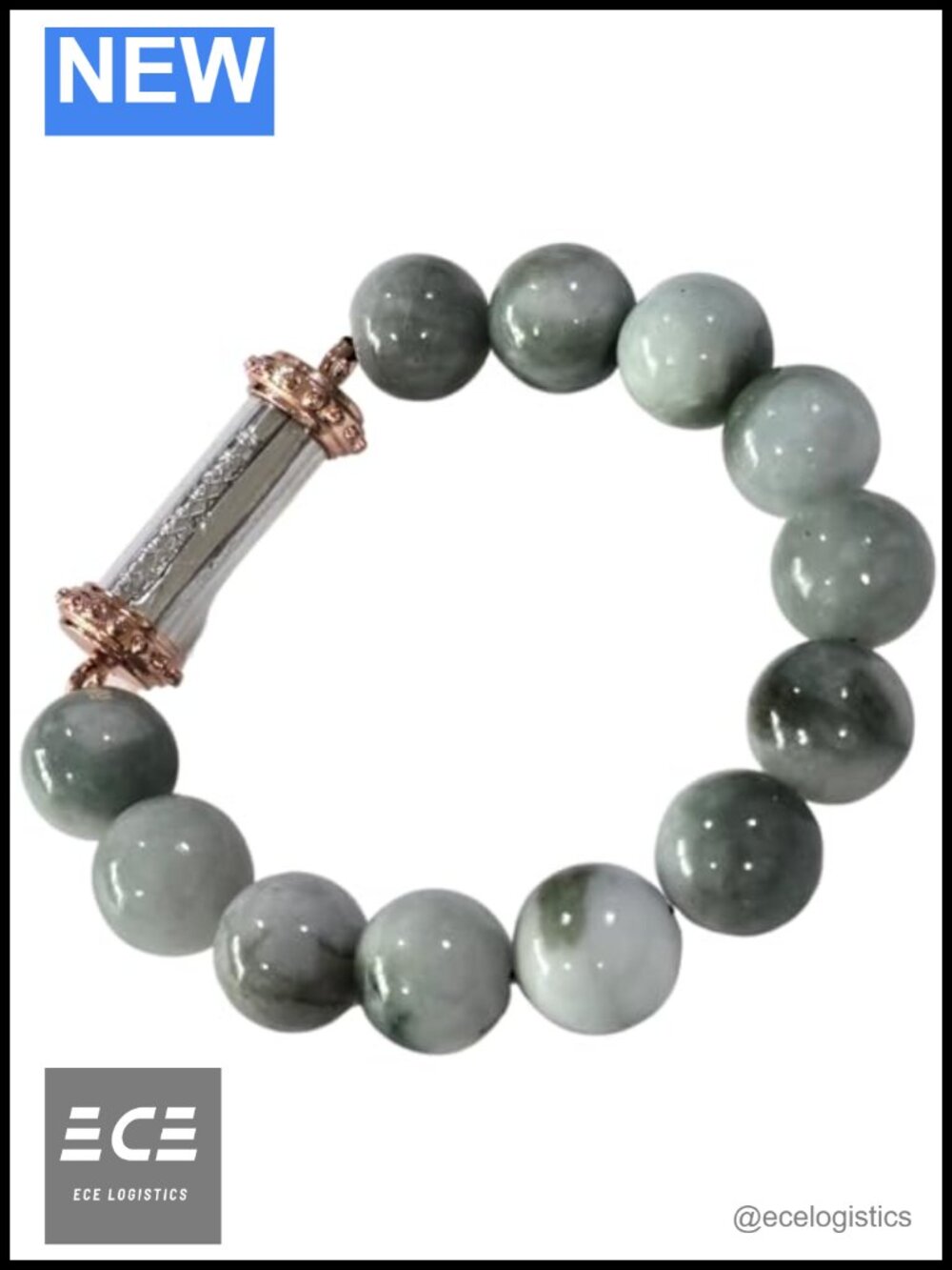 Natural Jade Beaded Stretch Bracelet with Thai Takrut Amulet Tube